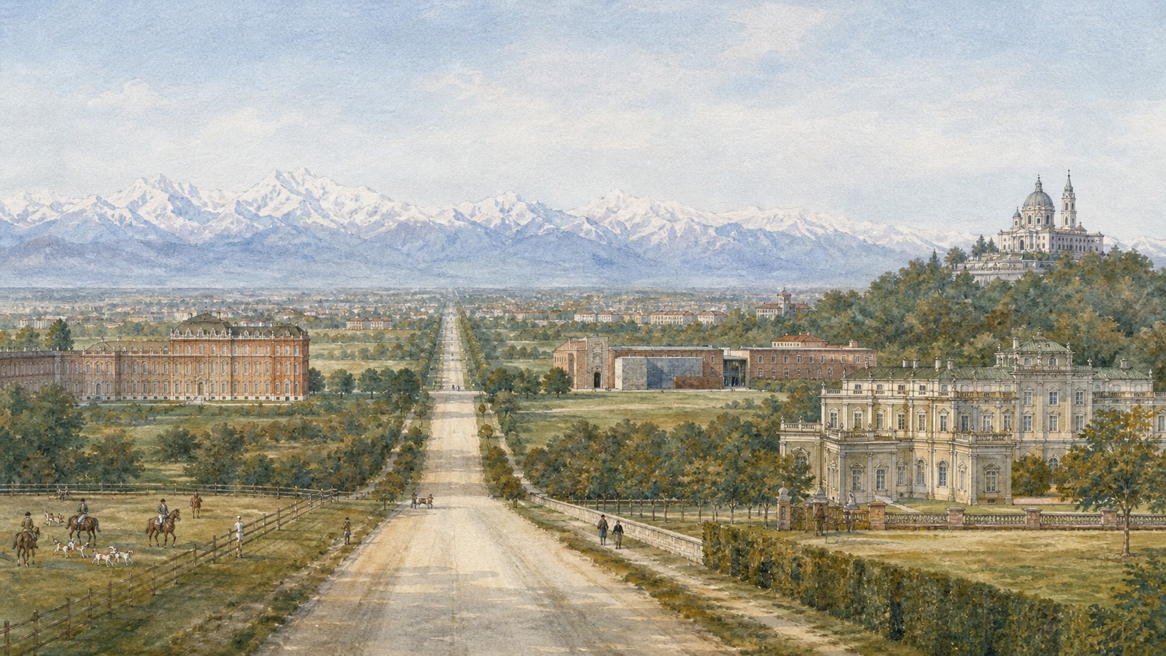 Original documentary watercolour panorama for Venaria, Rivoli, Stupinigi and Superga: Complete Guide, with accurate Piedmont architecture, landscape and lived context