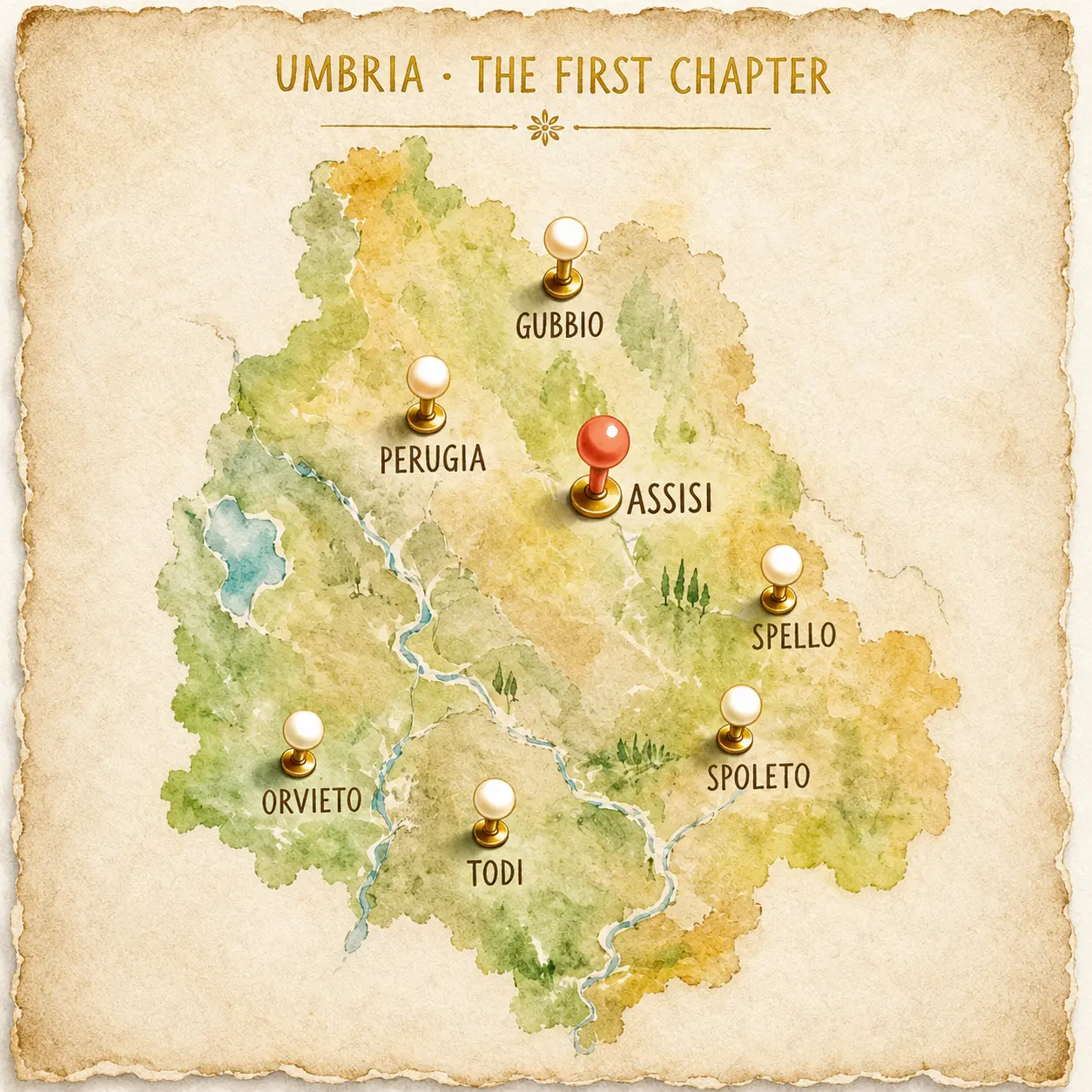 Painted map of Umbria with pins for Assisi, Perugia, Gubbio, Spello, Spoleto, Orvieto and Todi