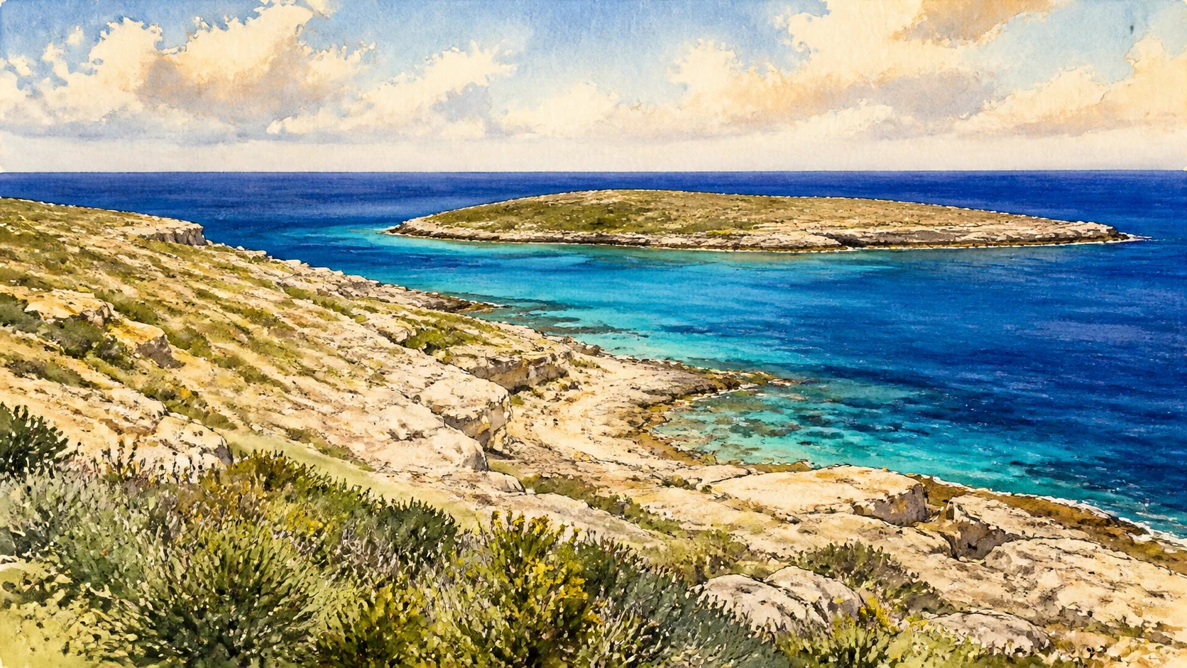 Documentary watercolour linking Ustica's dark volcanic coast, Lampedusa's pale cliffs and Linosa's red-black cones across open Mediterranean water