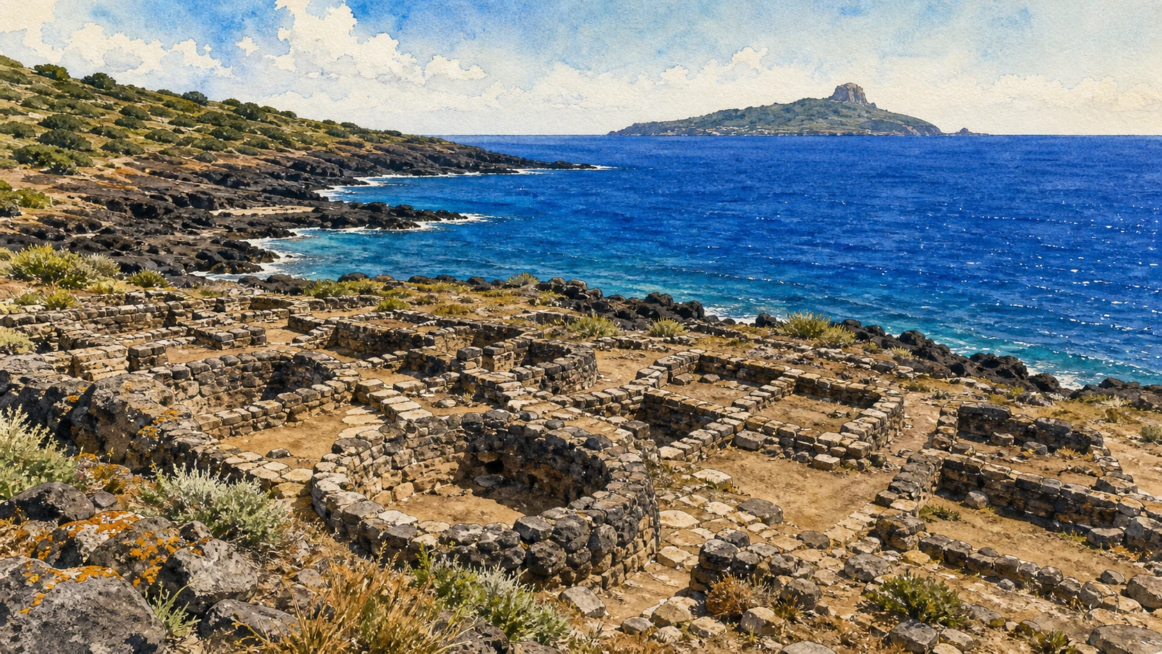 Documentary watercolour of the low stone foundations of Ustica's Bronze Age Villaggio dei Faraglioni on a dark volcanic coast