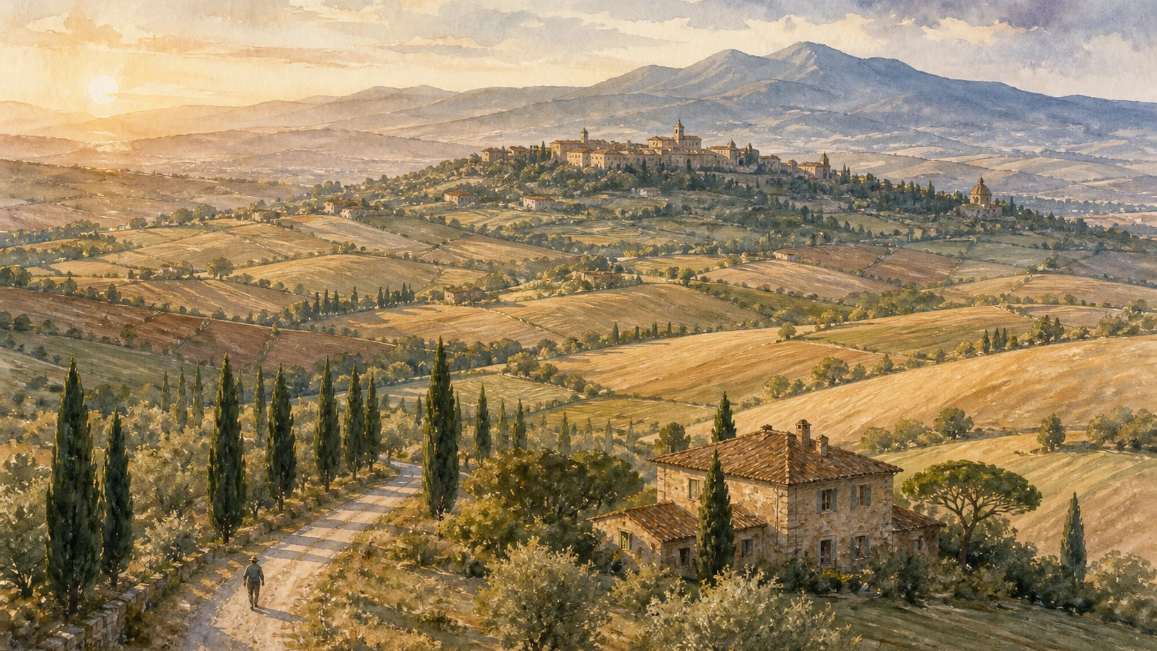 Original documentary watercolour panorama of Pienza, cultivated Val d'Orcia hills, cypress roads and Monte Amiata