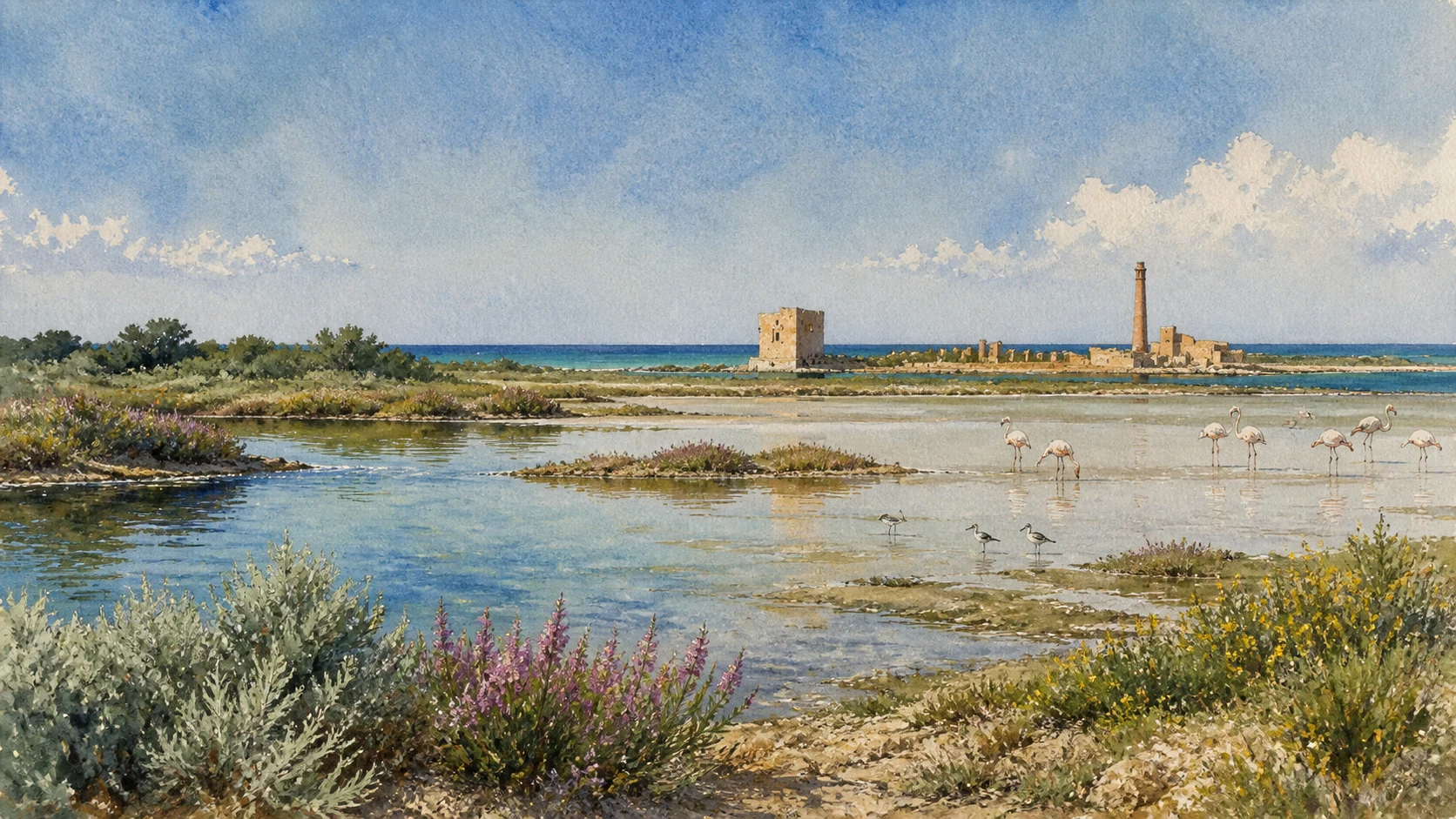 Documentary spring watercolour of Vendicari wetlands with shallow water, flamingos and waders, the Torre Sveva and tonnara beside the Ionian Sea