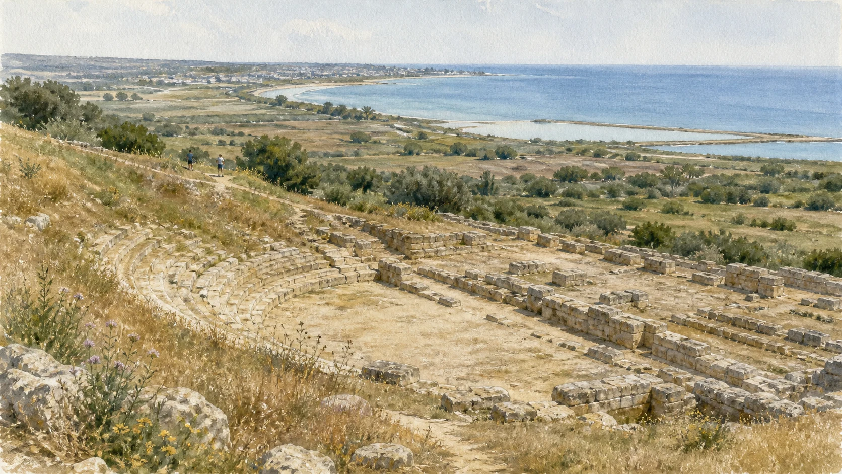 Documentary watercolour of the fragmentary theatre of Eloro with its small cavea, coastal plain, Tellaro mouth and sea beyond