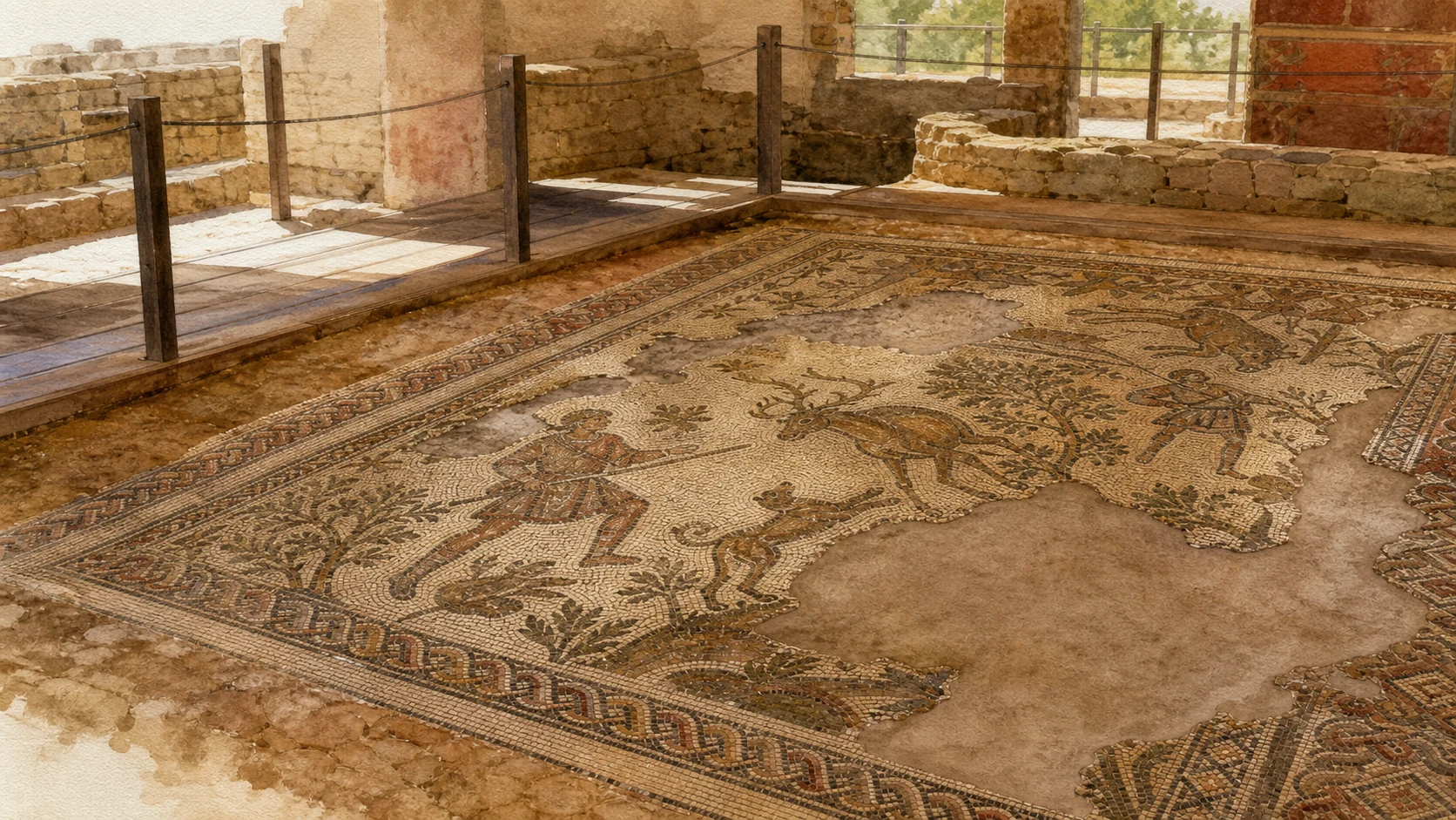 Documentary watercolour of a conserved hunting mosaic inside the Roman Villa del Tellaro with fragmentary tesserae, masonry and a protective walkway