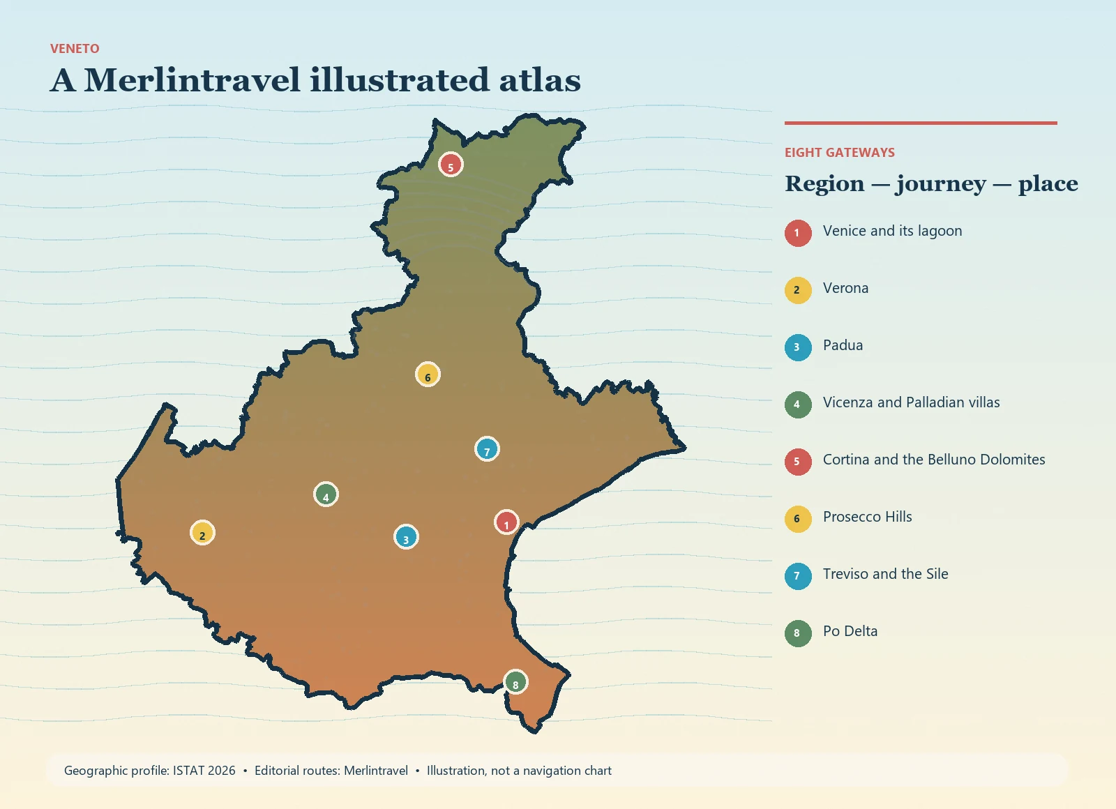 Illustrated map of Veneto with eight numbered Merlintravel gateways