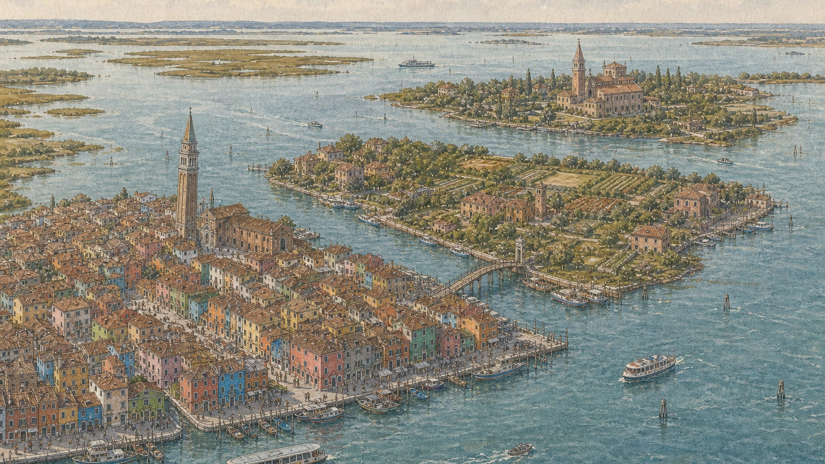 Original documentary watercolour panorama of Burano, Mazzorbo, Torcello and the northern Venetian lagoon