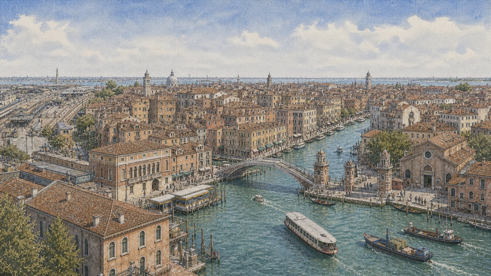 Original documentary watercolour panorama of the Cannaregio canal, Ponte delle Guglie and the approach to the historic Jewish Ghetto