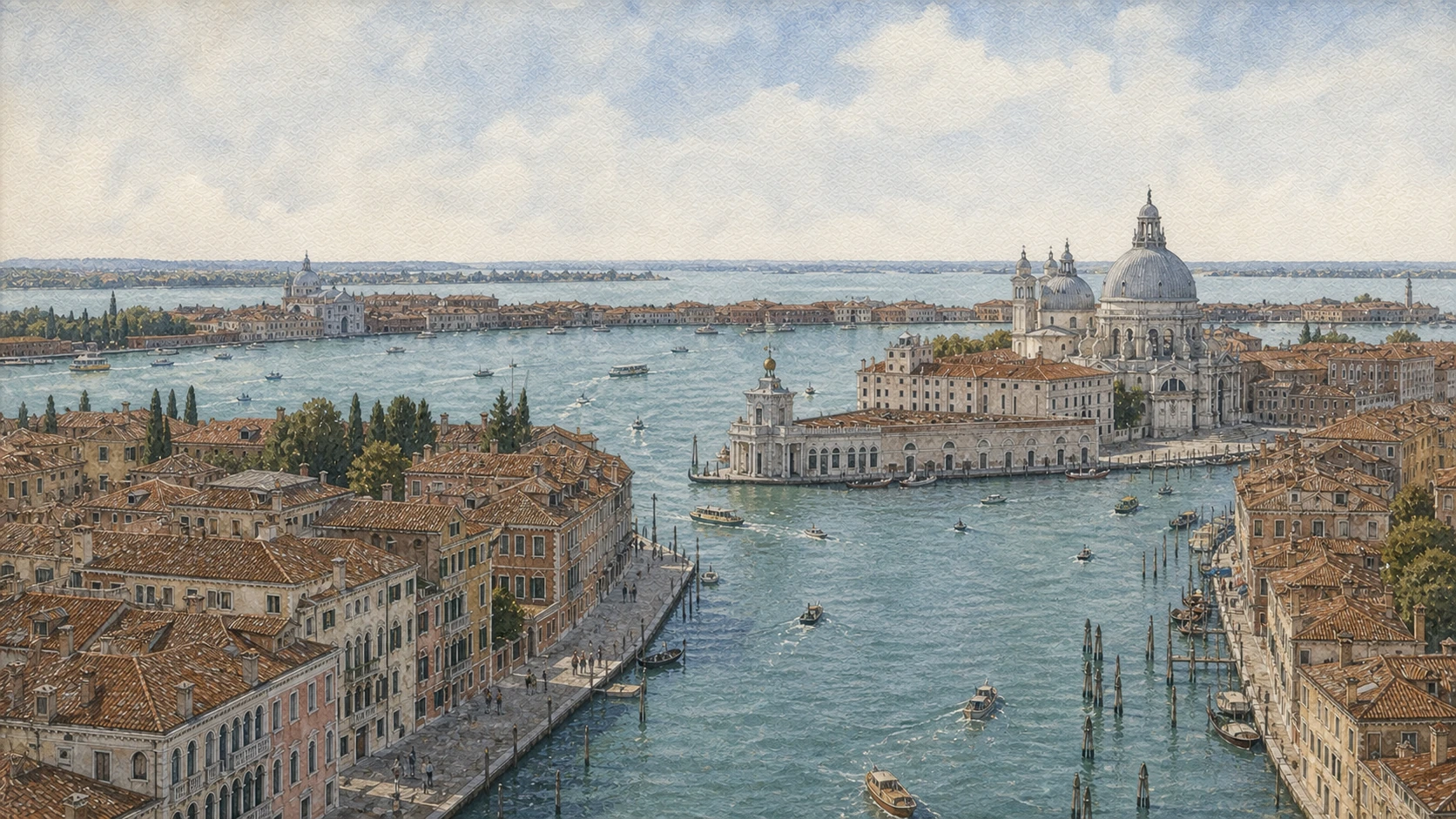 Original documentary watercolour panorama of Dorsoduro, Santa Maria della Salute, Punta della Dogana and the Grand Canal
