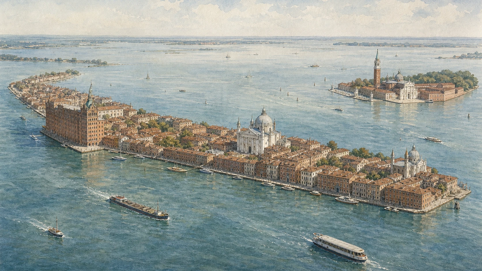 Original documentary watercolour panorama of continuous Giudecca, separate San Giorgio Maggiore and the southern Venetian lagoon