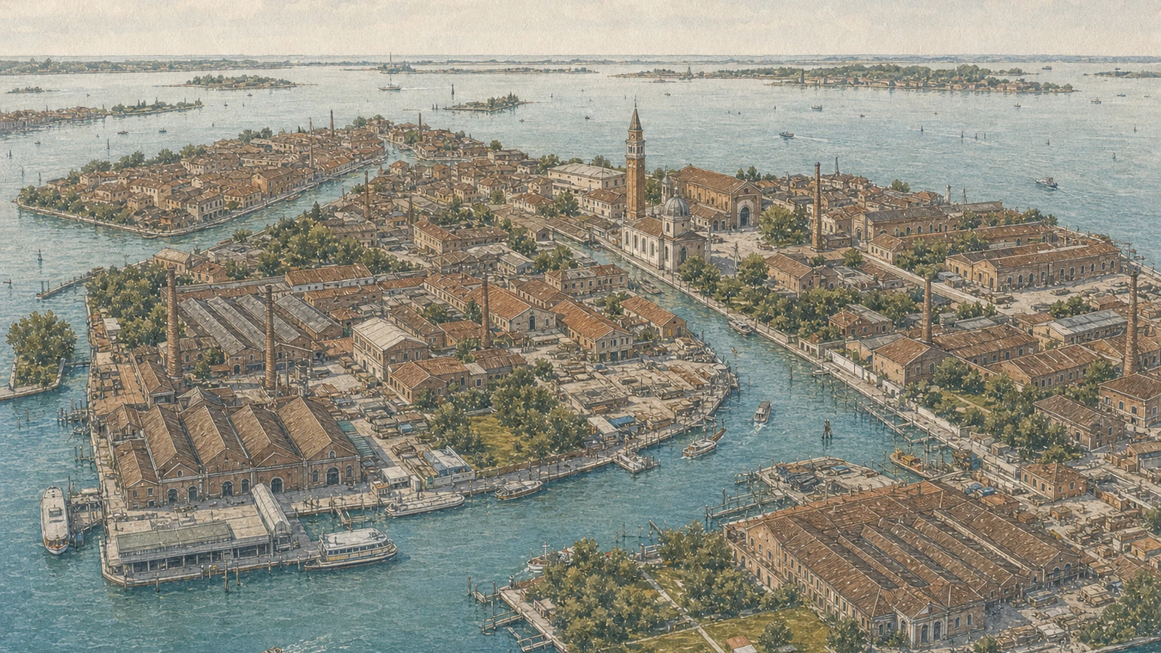 Original documentary watercolour panorama of Murano's canals, furnaces, churches, industrial buildings and northern lagoon