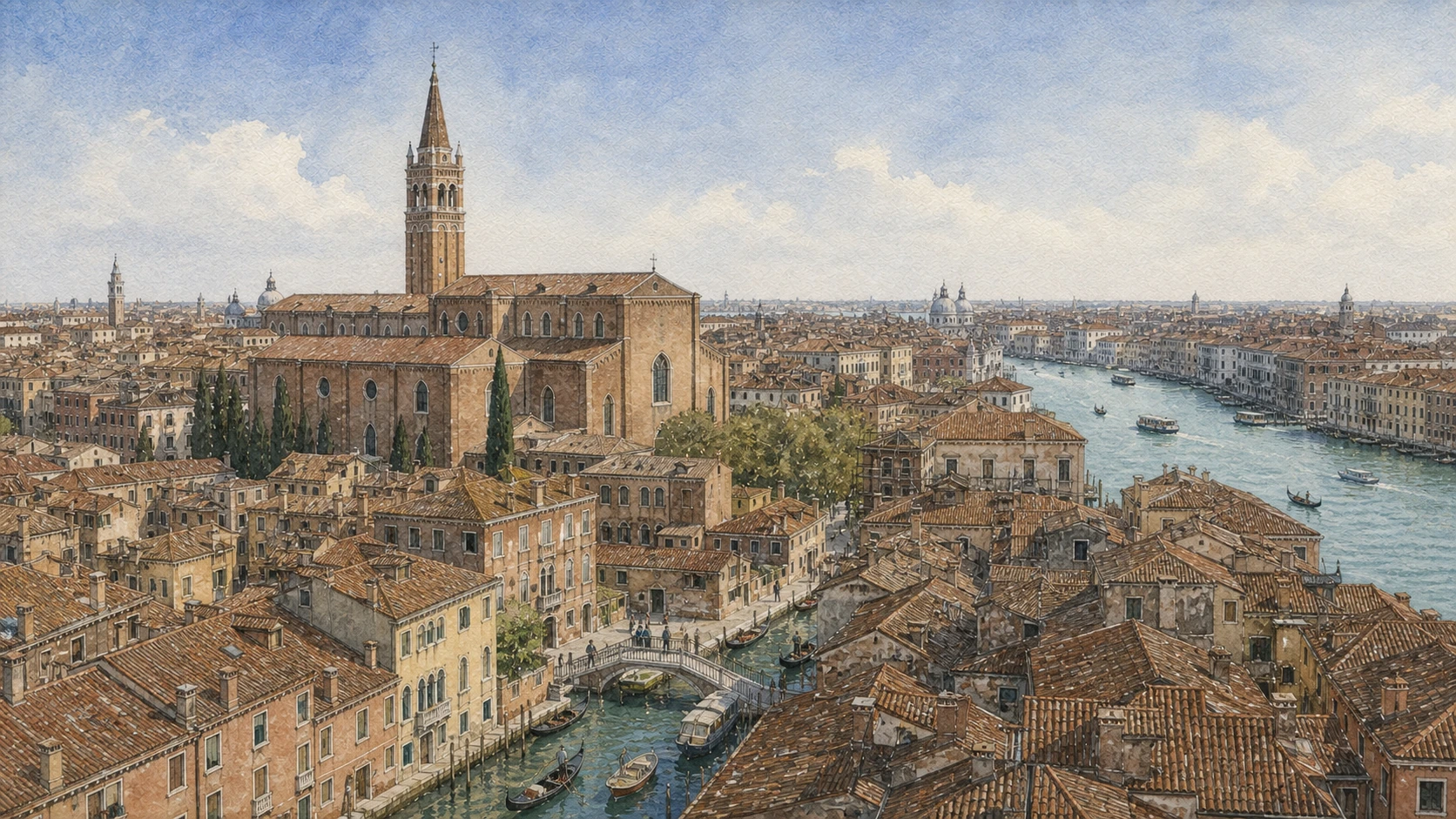 Original documentary watercolour panorama of San Polo and Santa Croce with the Frari, tiled roofs, canals and Grand Canal