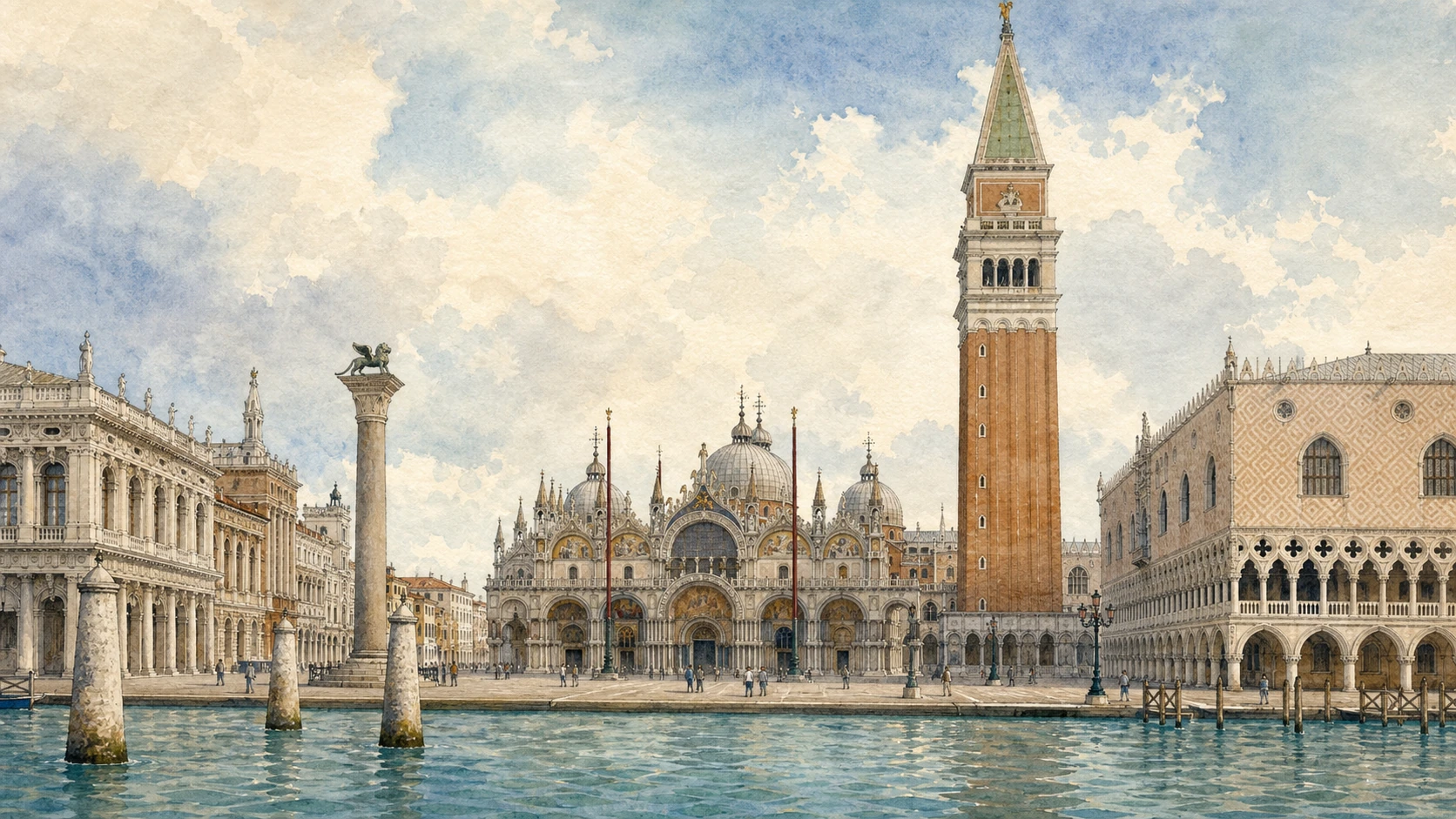Original documentary watercolour panorama of Piazza San Marco from the lagoon, with the Basilica, Campanile, Piazzetta and Doge's Palace