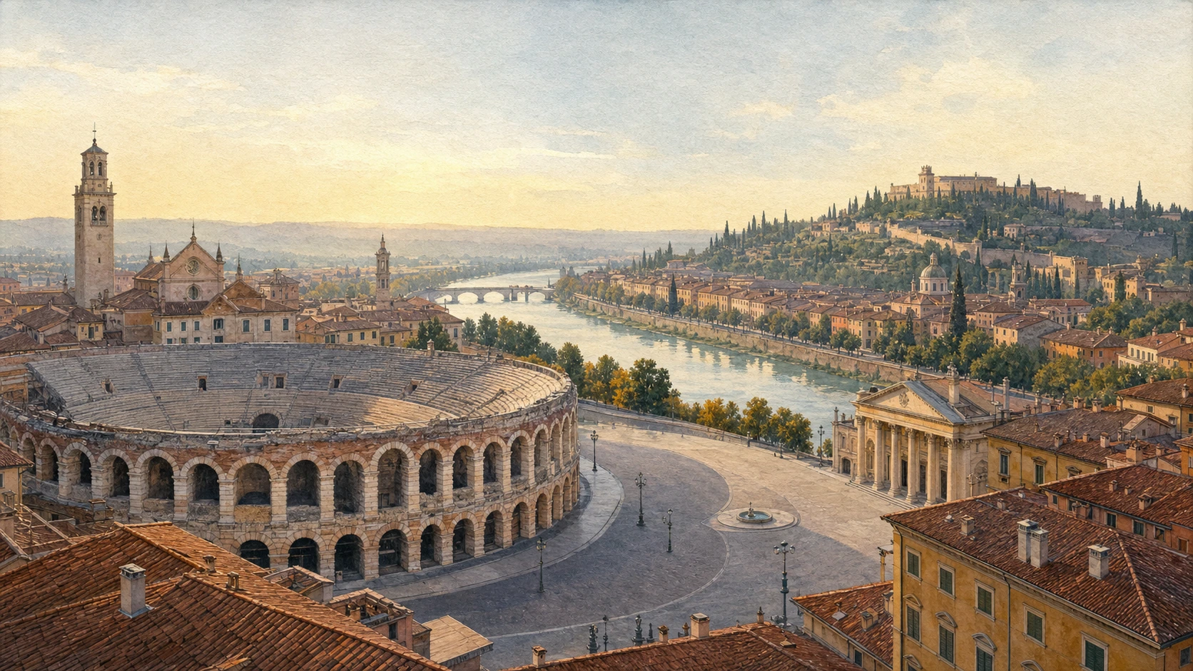 Original documentary watercolour panorama of Verona with the Arena, Piazza Bra, Adige and Castel San Pietro hill