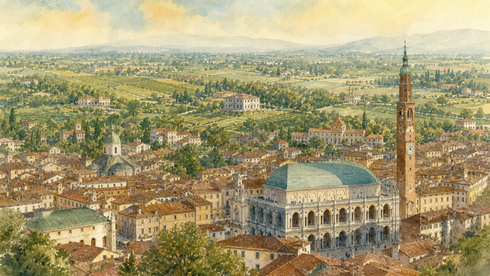 Original documentary watercolour joining Vicenza's Basilica Palladiana and Teatro Olimpico to Palladian villas in the Veneto countryside