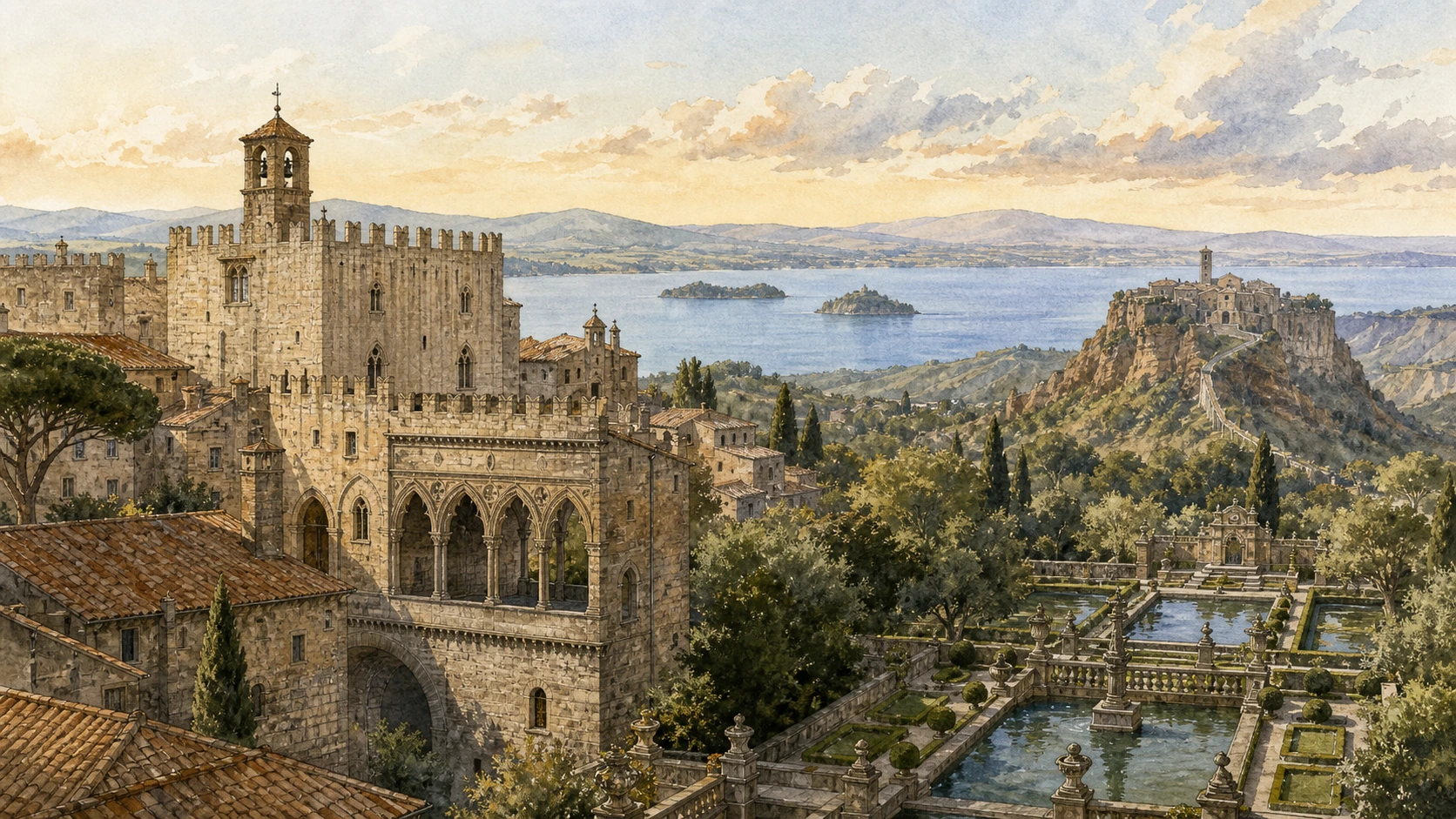 Original documentary watercolour panorama joining Viterbo's papal skyline, Villa Lante water gardens, Lake Bolsena and the tufa cliffs of Civita di Bagnoregio