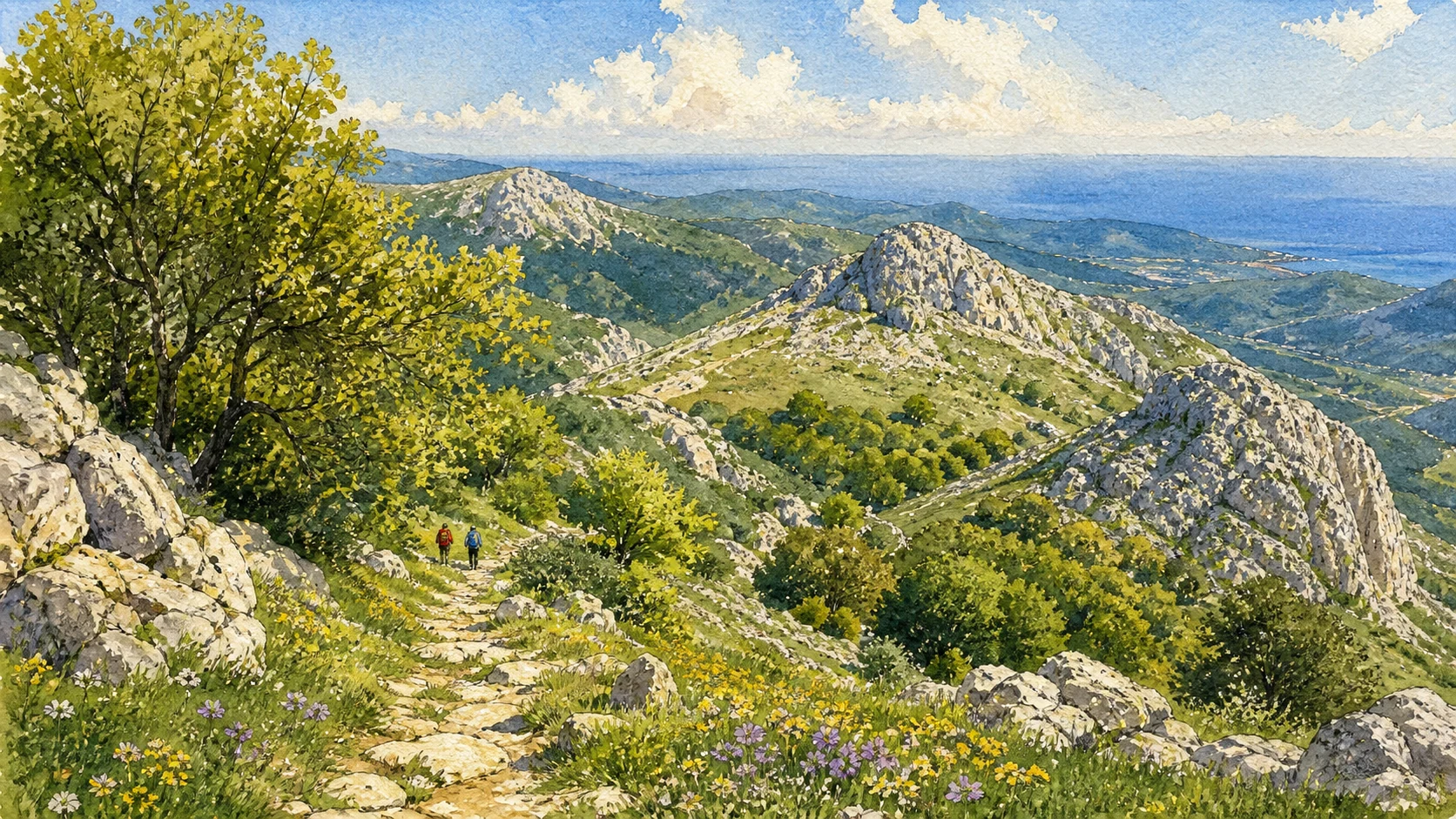 Documentary watercolour of a Sicilian mountain trail linking limestone coast, high beech woods and a distant Tyrrhenian horizon
