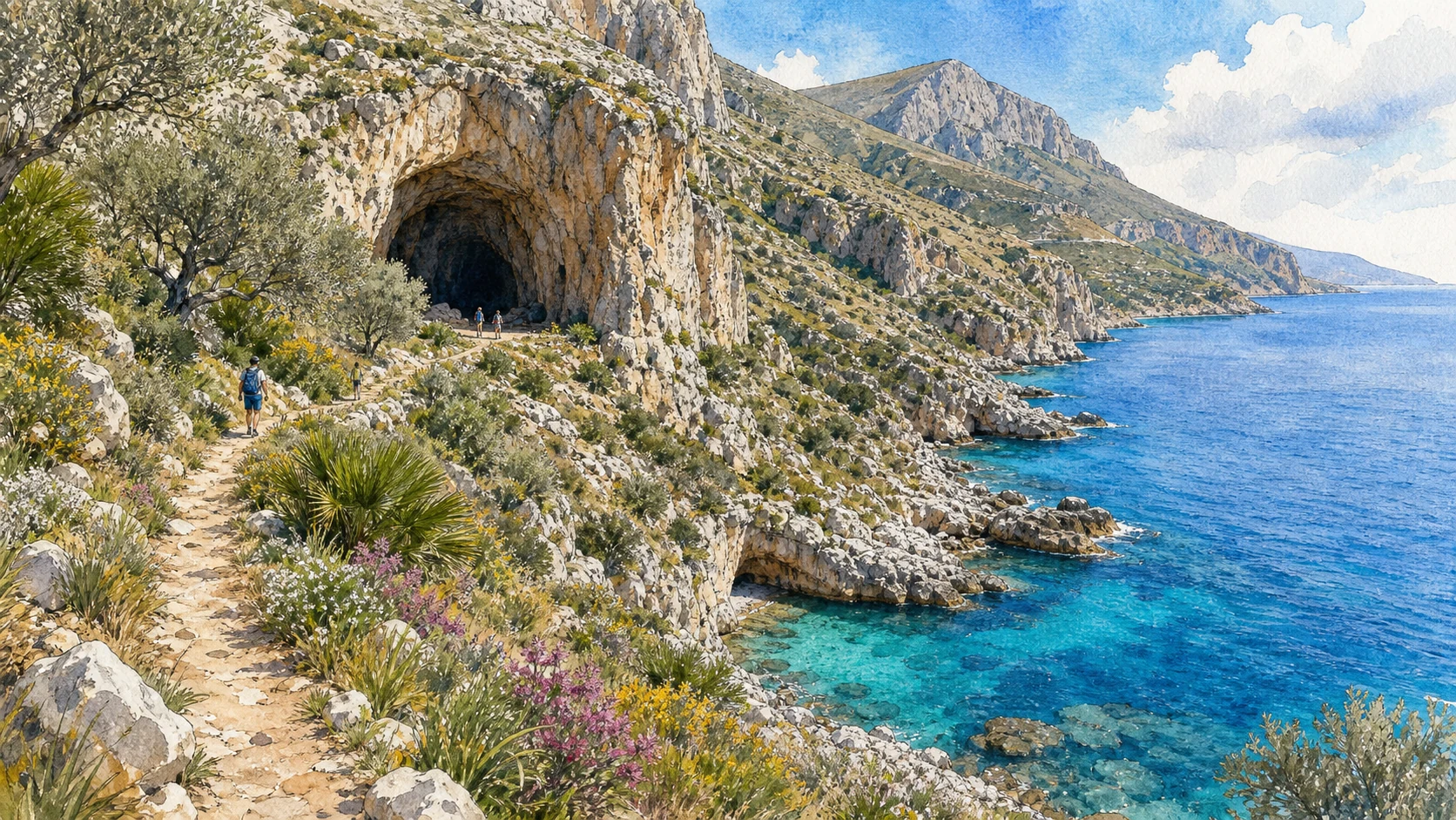 Documentary watercolour of the Zingaro coastal path near Grotta dell'Uzzo with dwarf palms, limestone slopes and turquoise coves