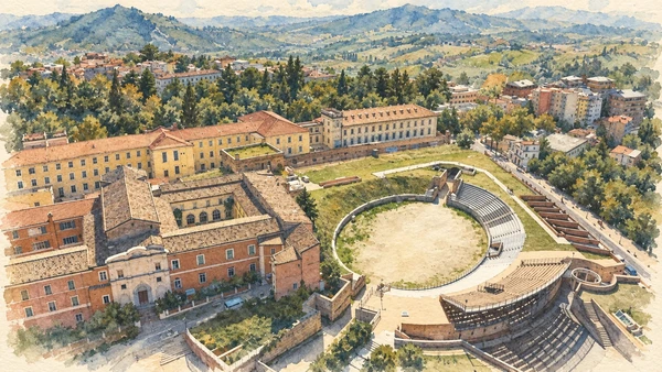 Watercolour: The amphitheatre area at La Civitella, including modern performance seating beside archaeological remains.