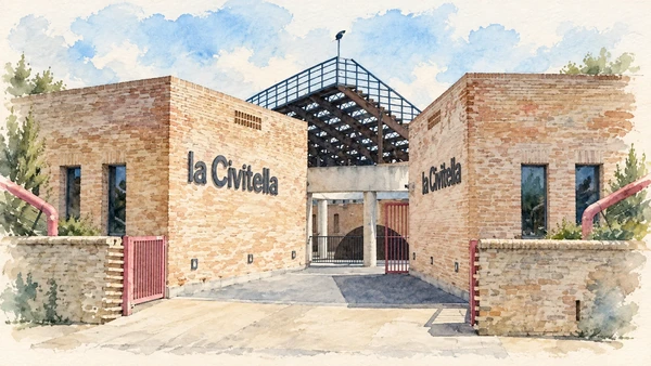 Watercolour: The modern entrance architecture of La Civitella museum.