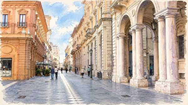 Watercolour: The arcaded street frontage along Corso Marrucino.