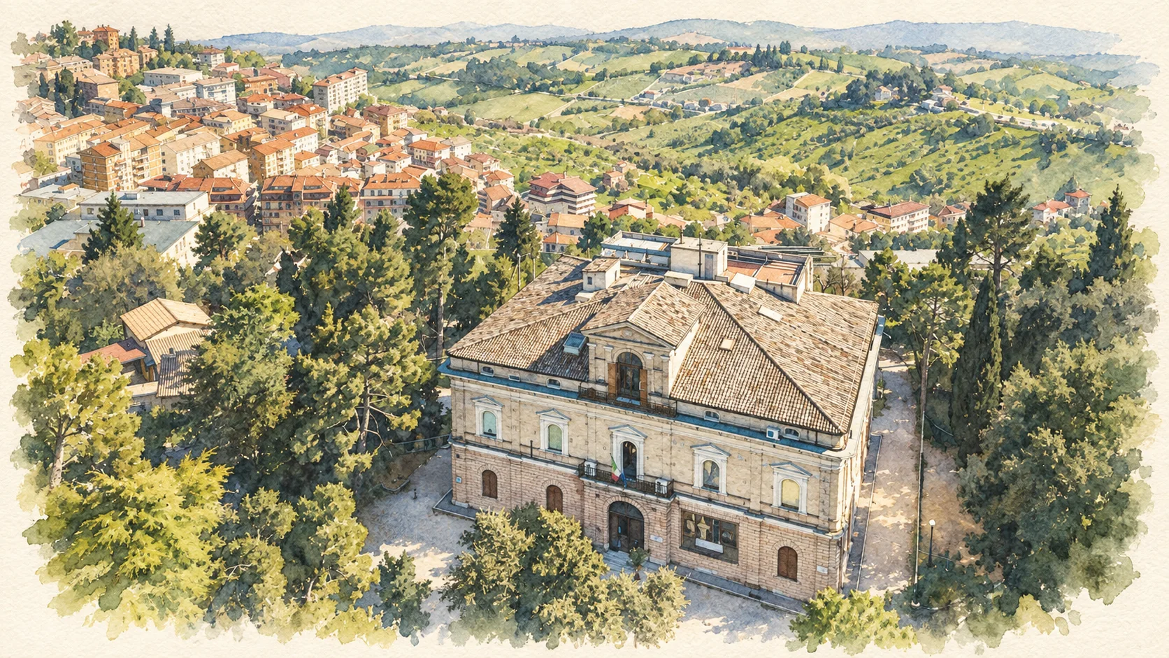 Watercolour: An elevated view of Villa Frigerj within the green public gardens.