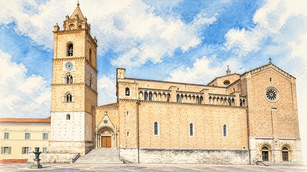 Watercolour: San Giustino cathedral and its square bell tower above the piazza.