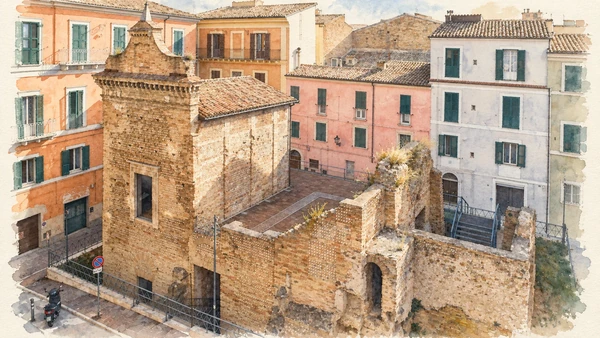 Watercolour: An elevated view of the reused masonry and buildings of Chieti’s Roman temple area.