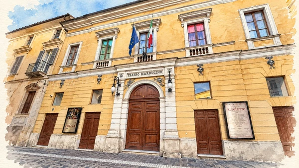 Watercolour: The pale yellow facade of Teatro Marrucino.