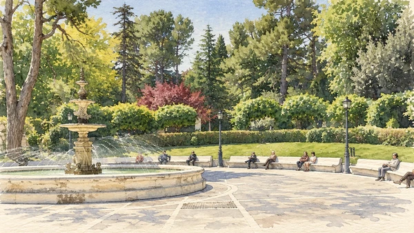 Watercolour: A fountain and paths among the trees of Chieti’s Villa Comunale.