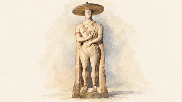 Watercolour: The stone Warrior of Capestrano with its distinctive broad circular headgear.