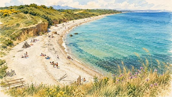 Watercolour: A pebble cove and grassy coastal slopes in the Punta Aderci reserve.