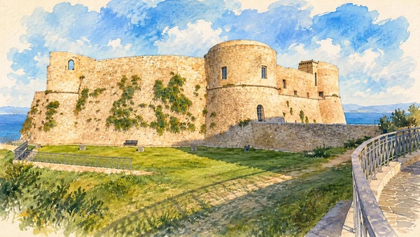 Watercolour: Ortona’s Aragonese Castle with massive round bastions beside the Adriatic.