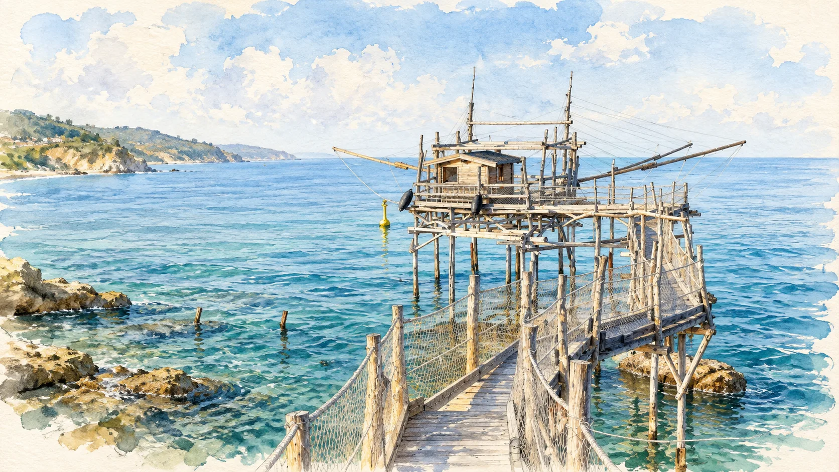 Watercolour: The timber walkway, platform and long fishing arms of Trabocco Turchino.