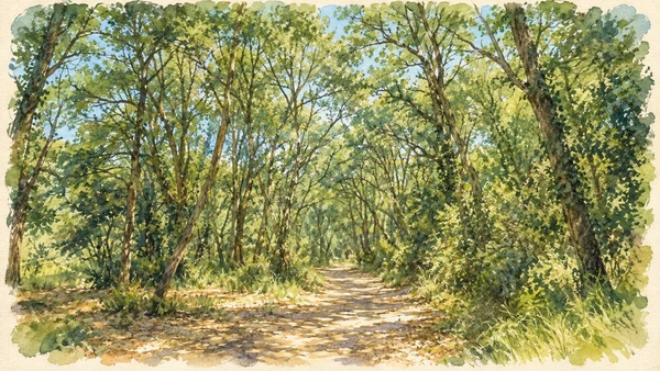 Watercolour: A shaded woodland path in the Lecceta di Torino di Sangro.