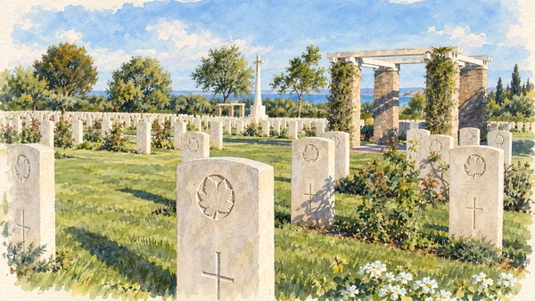 Watercolour: Rows of headstones at the Moro River Canadian War Cemetery near Ortona.
