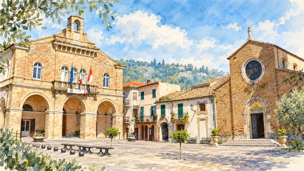 Watercolour: The town hall and church facing the main square of Rocca San Giovanni.