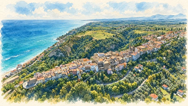 Watercolour: The ridge-top settlement of San Vito Chietino above the Adriatic shore.