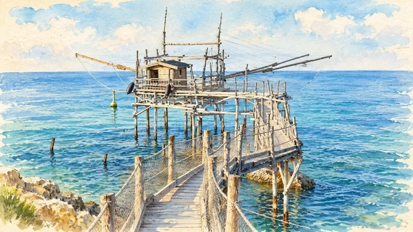Watercolour: The timber walkway, platform and long fishing arms of Trabocco Turchino.