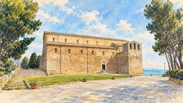 Watercolour: The long stone side of San Giovanni in Venere above the coast.