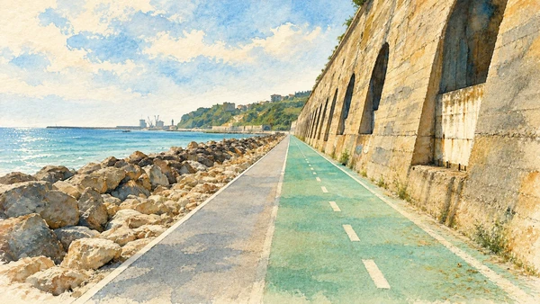 Watercolour: A Via Verde section between coastal rocks and the former railway retaining wall.