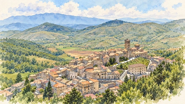 Watercolour: The compact houses and church tower of Castel del Monte on the hillside.