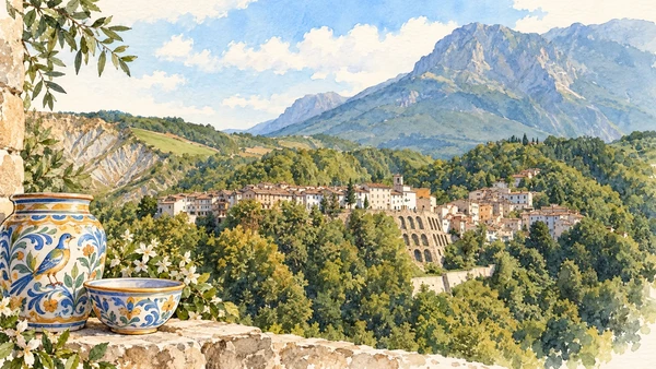 Watercolour: The hillside settlement of Castelli, home to a longstanding ceramic tradition.