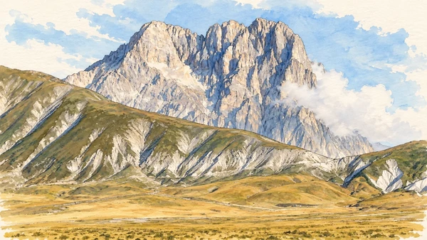 Watercolour: The southern limestone profile of Corno Grande above sparse grass and scree.