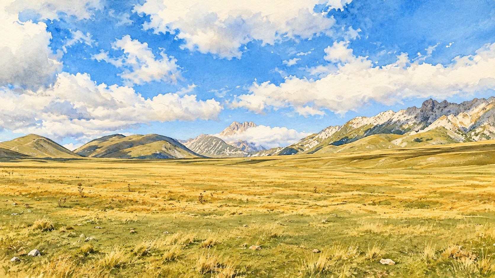 Watercolour: Campo Imperatore’s broad treeless grassland beneath limestone ridges.