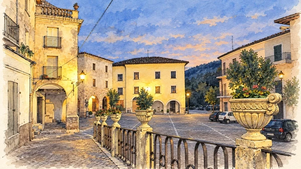 Watercolour: A paved square and historic houses in Isola del Gran Sasso at dusk.