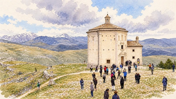Watercolour: The octagonal church of Santa Maria della Pietà on open upland ground.