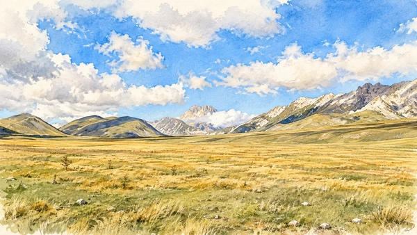 Watercolour: Campo Imperatore’s broad treeless grassland beneath limestone ridges.