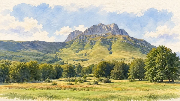 Watercolour: The meadows at Prati di Tivo beneath the rugged profile of Corno Piccolo.
