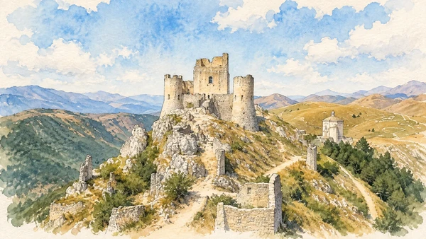 Watercolour: Rocca Calascio’s ruined keep and round corner towers on their rocky ridge.