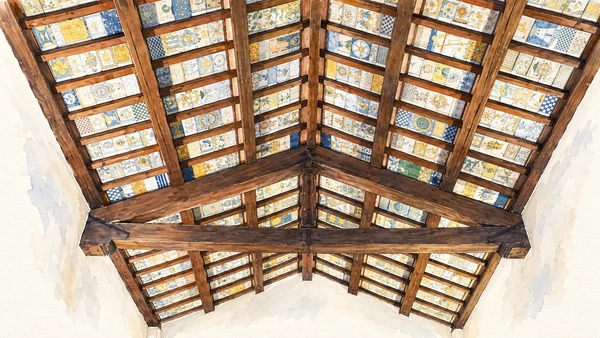 Watercolour: The painted ceramic ceiling inside San Donato at Castelli.
